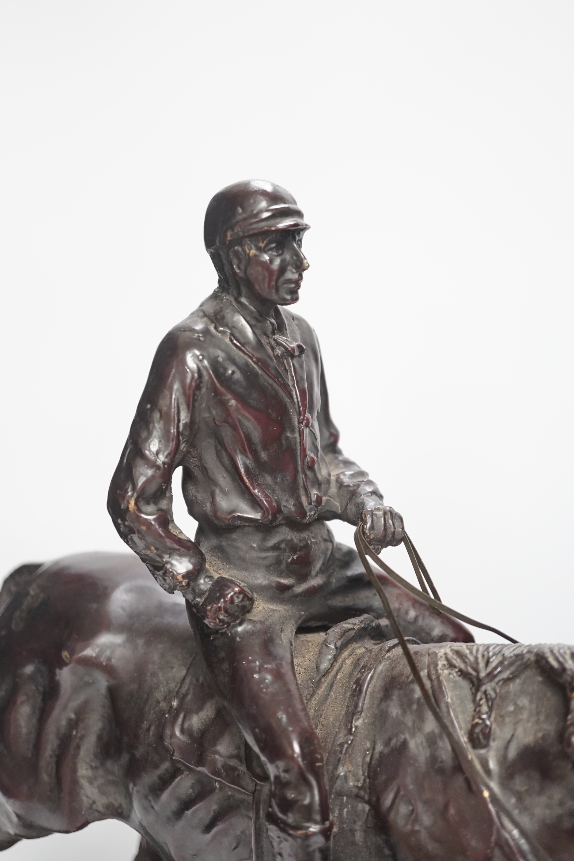 After Pierre-Jules Mêne (1810-1879) bronze study of horse and rider raised on marble base, 43cm wide